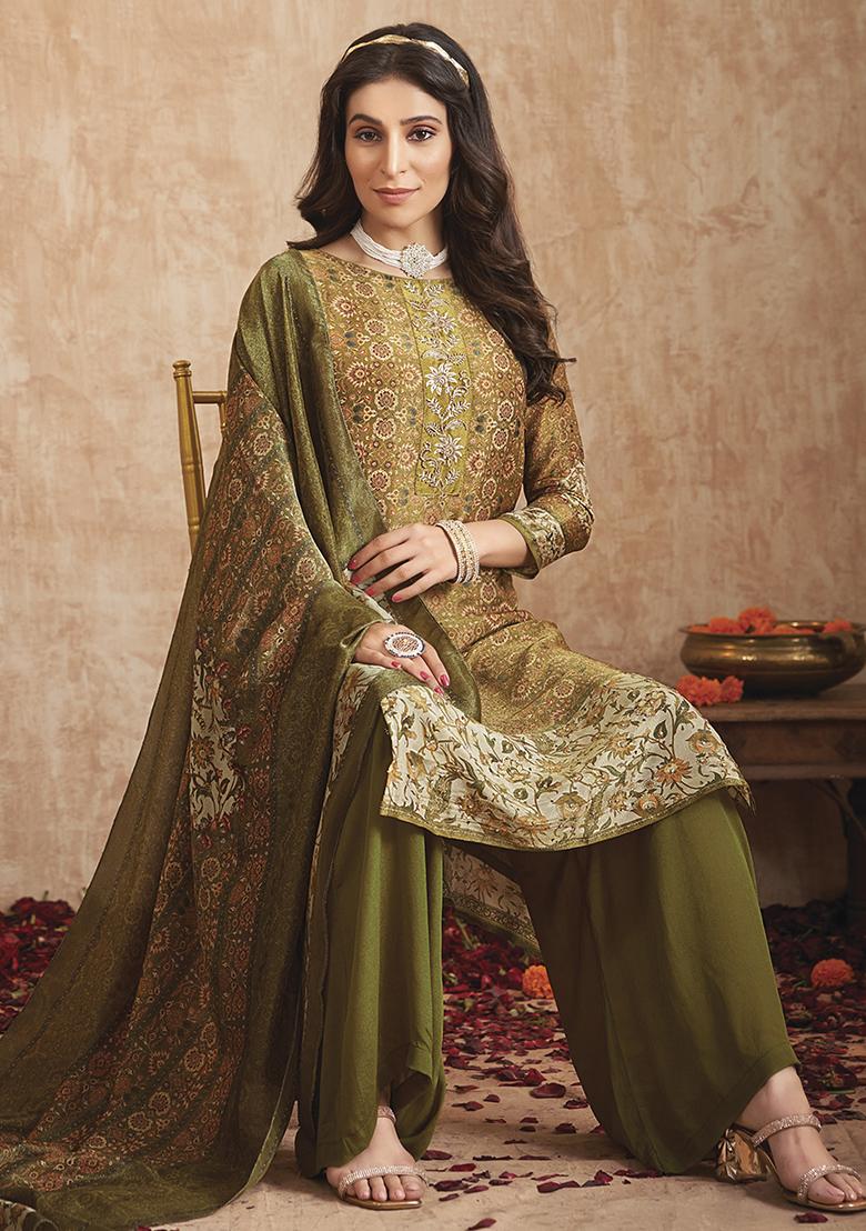 Olive Green Digital Print Pure Tissue Shimmer Kurta Set