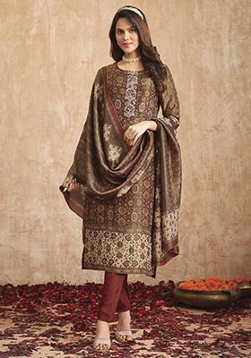 Golden Digital Print Pure Tissue Shimmer Kurta Set