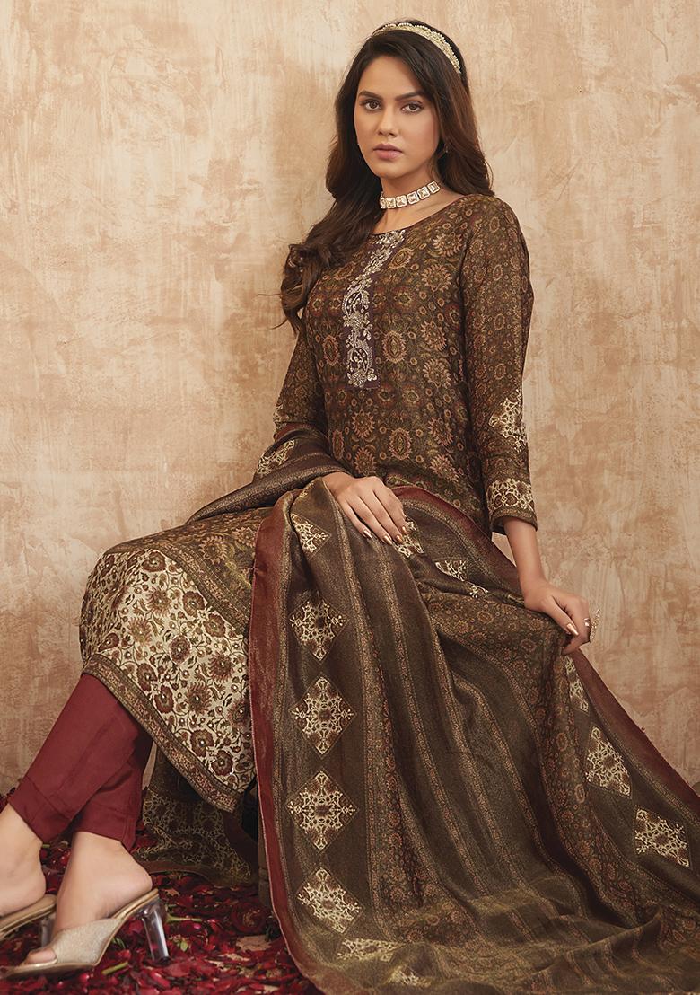 Golden Digital Print Pure Tissue Shimmer Kurta Set