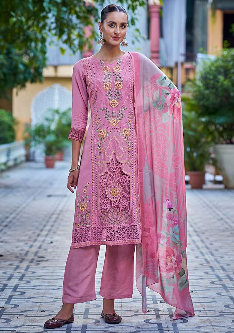 Pink Embroidered Muslin Straight Kurta Set - Indya