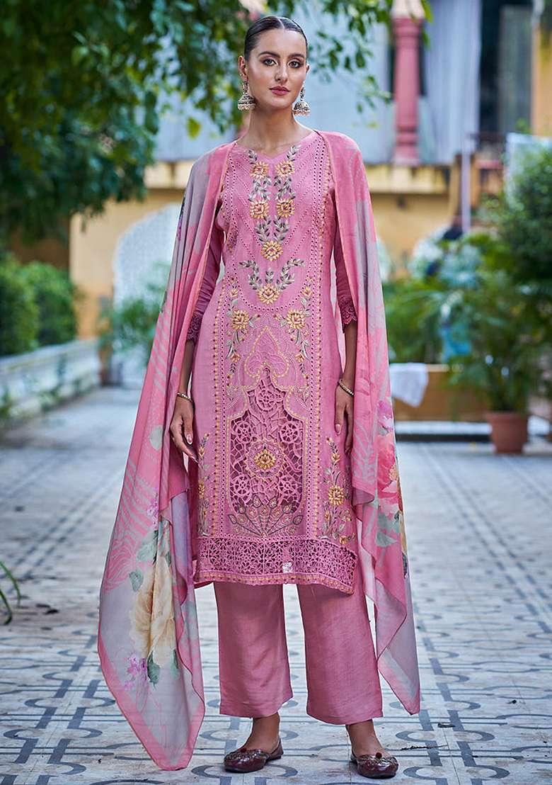 Pink Embroidered Muslin Straight Kurta Set - Indya