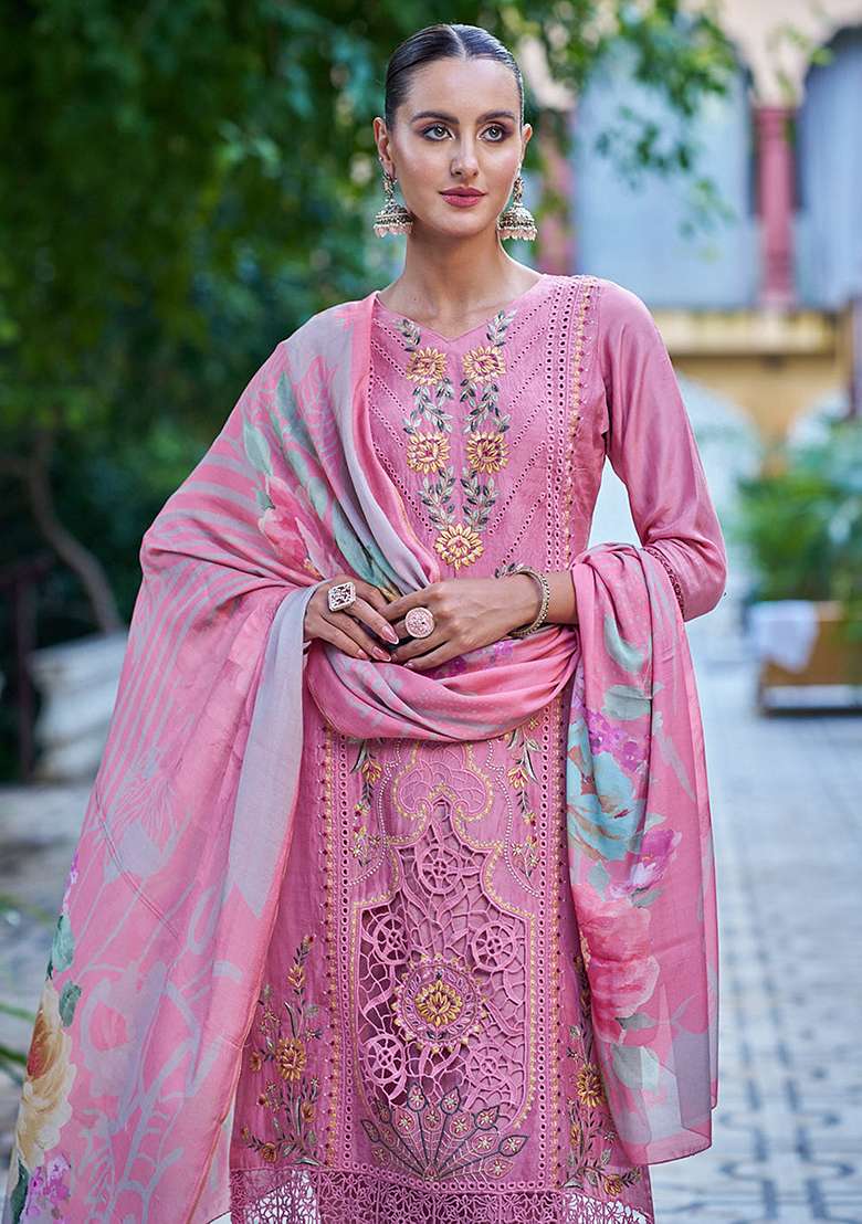 Pink Embroidered Muslin Straight Kurta Set - Indya