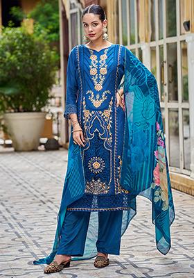 Navy Blue Embroidered Muslin Kurta Set