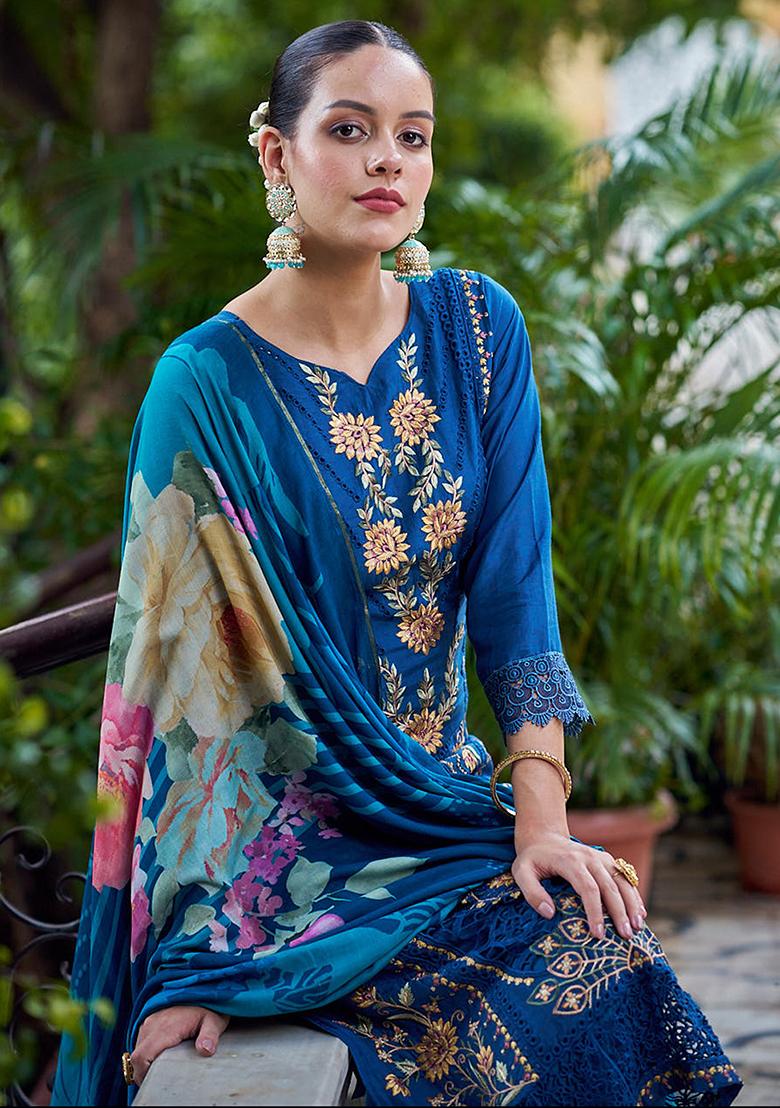 Navy Blue Embroidered Muslin Kurta Set