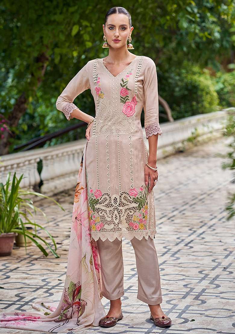 Beige Embroidered Muslin Pakistani Suit Set - Indya