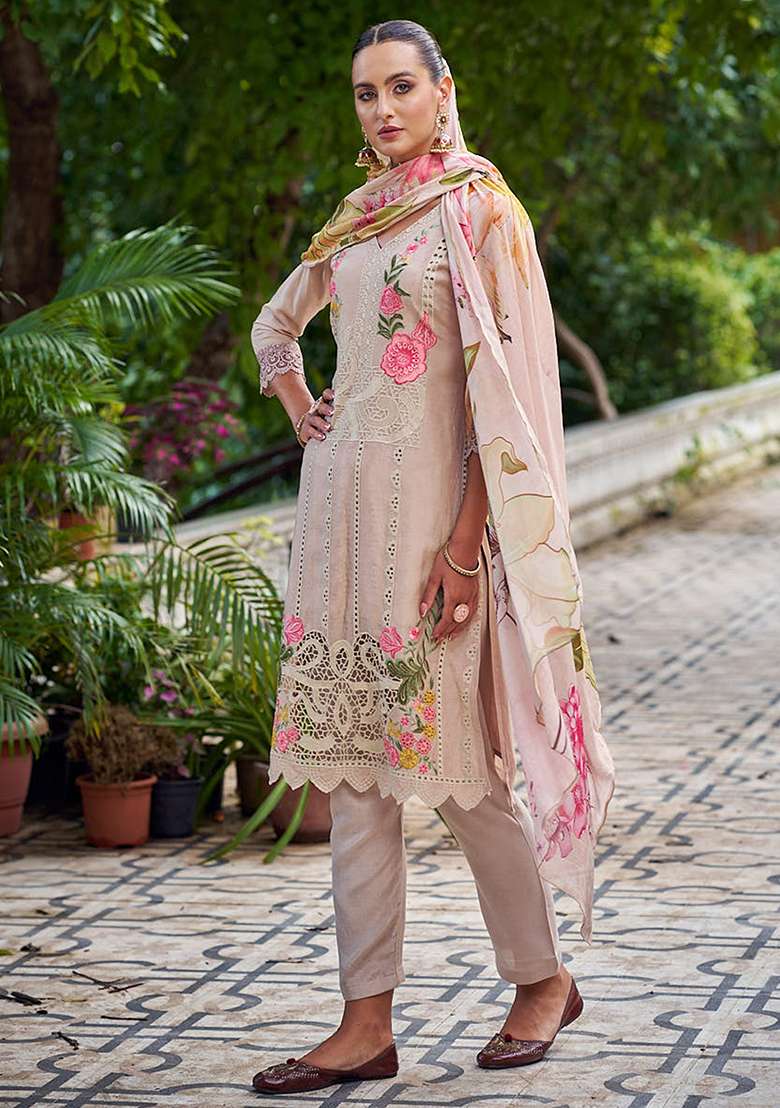 Beige Embroidered Muslin Pakistani Suit Set - Indya