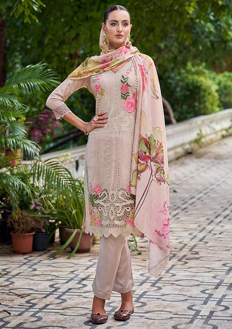 Beige Embroidered Muslin Pakistani Suit Set - Indya