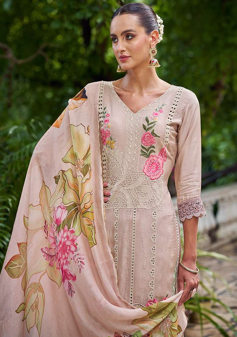 Beige Embroidered Muslin Pakistani Suit Set - Indya