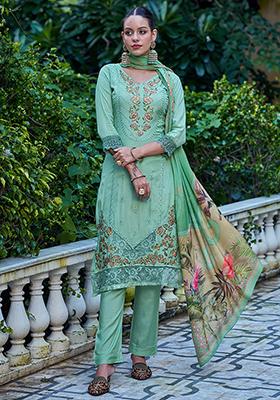 Green Embroidered Muslin Kurta Set