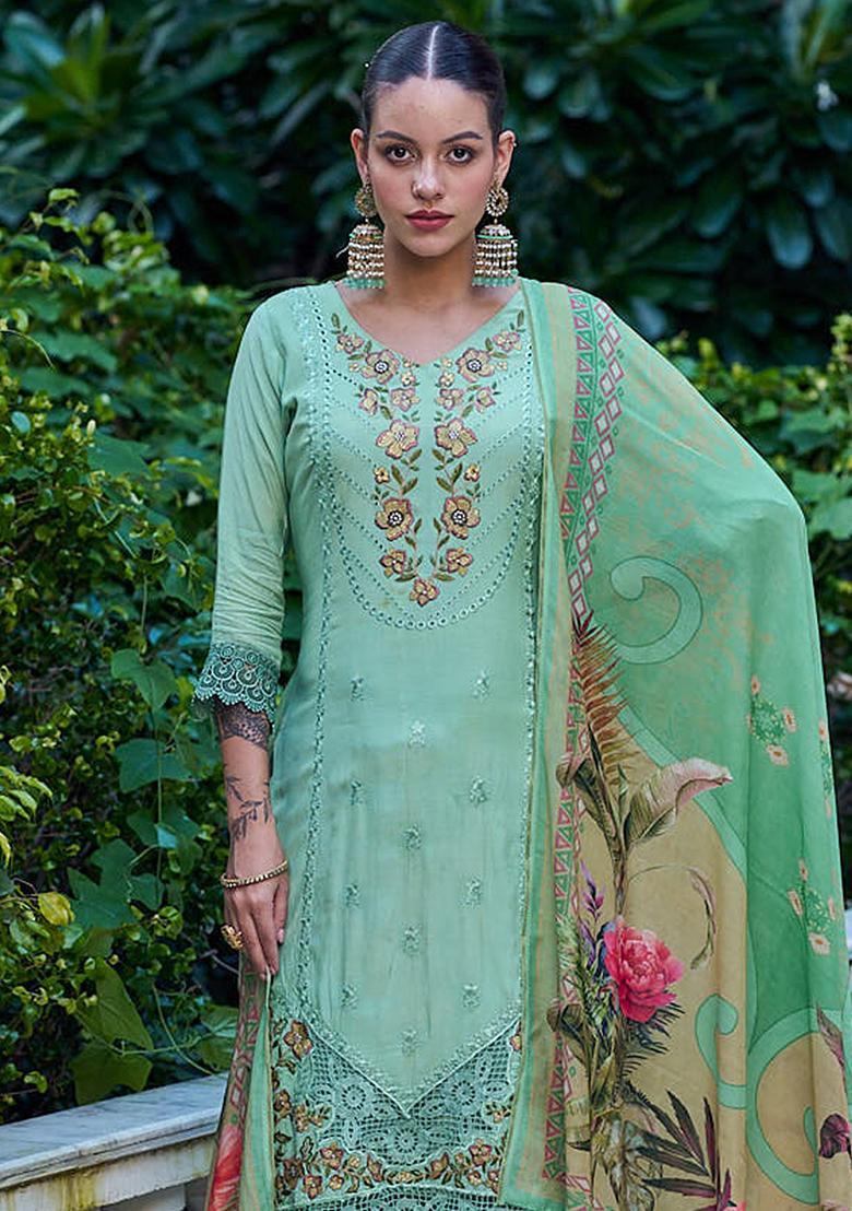 Green Embroidered Muslin Kurta Set