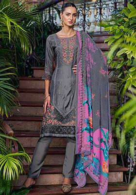 Grey Embroidered Muslin Kurta Set