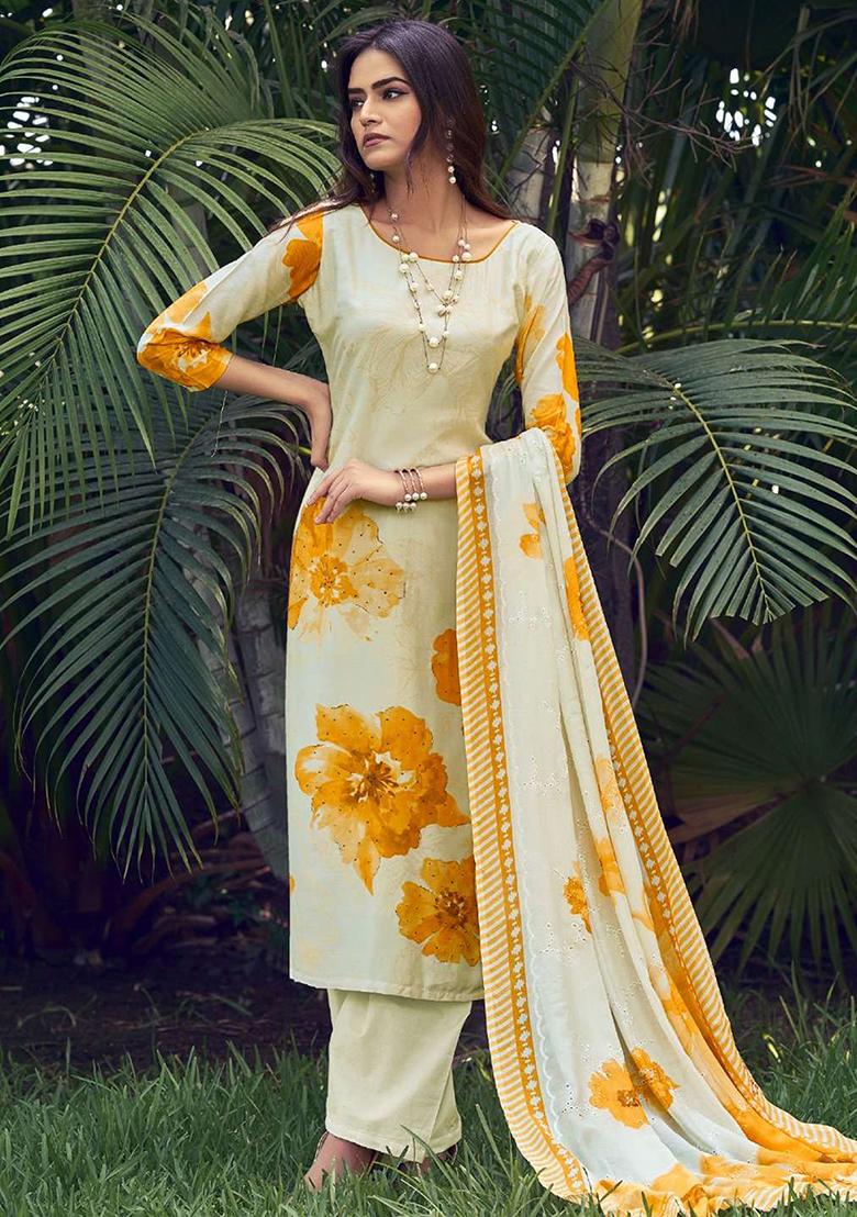 Cream Digital Print Muslin Kurta Set