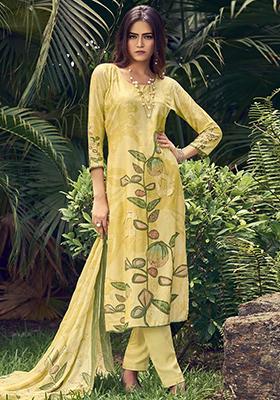 Lemon Yellow Digital Print Muslin Kurta Set