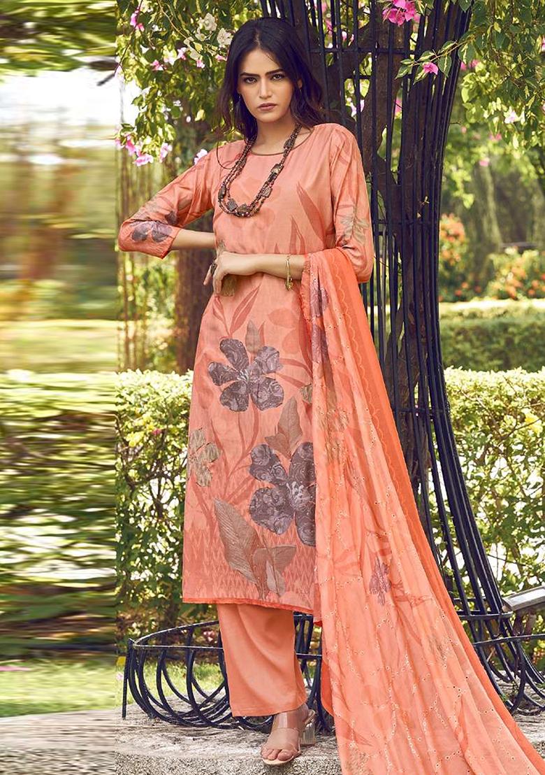 Peach Digital Print Muslin Kurta Set