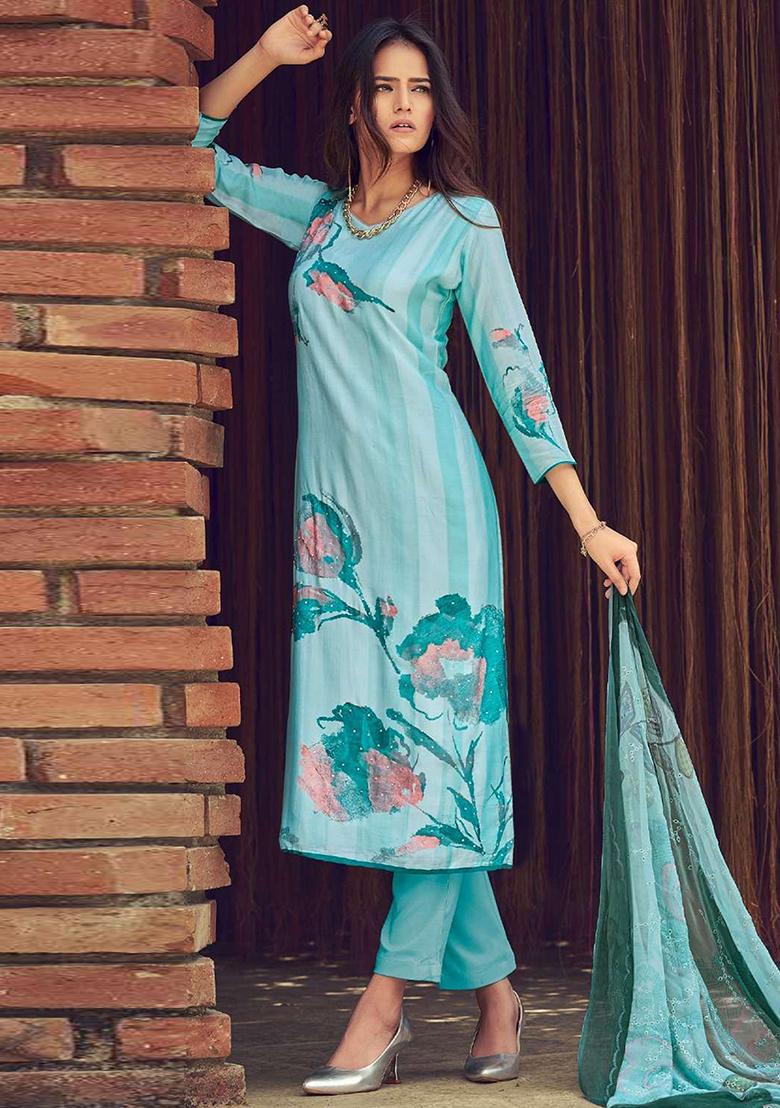 Sky Blue Digital Print Muslin Kurta Set