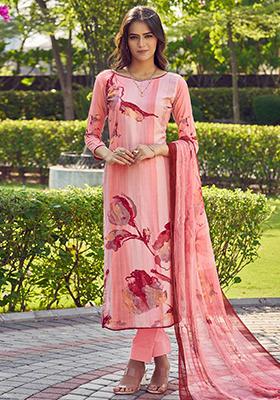 Peach Digital Print Muslin Kurta Set