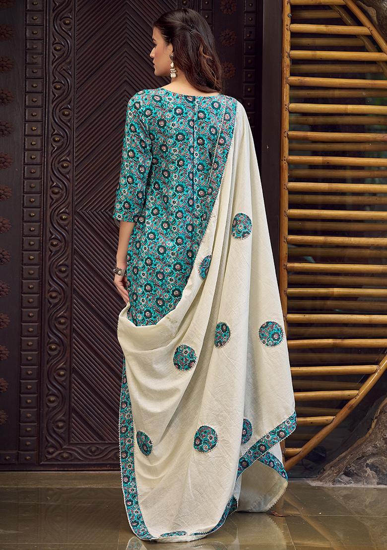 Teal Digital Print Pure Cotton Kurta Set
