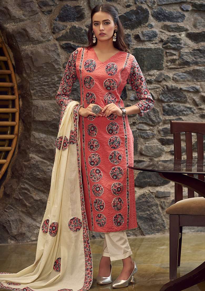 Coral Printed Cotton Pakistani Suit Set - Indya