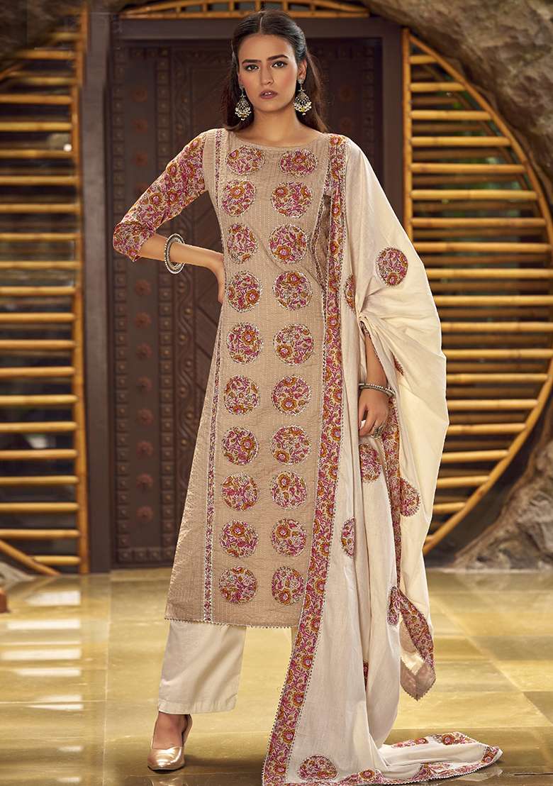 Beige Embroidered Cotton Pakistani Suit Set - Indya