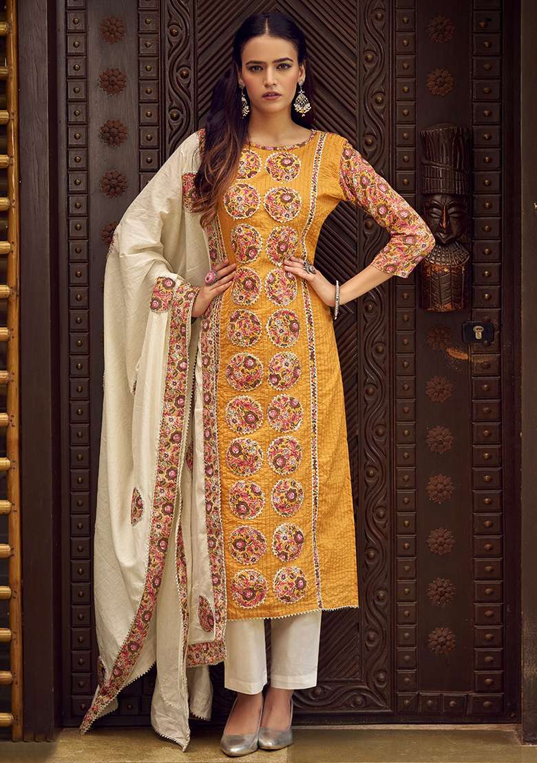 Mustard Embroidered Cotton Pakistani Suit Set - Indya