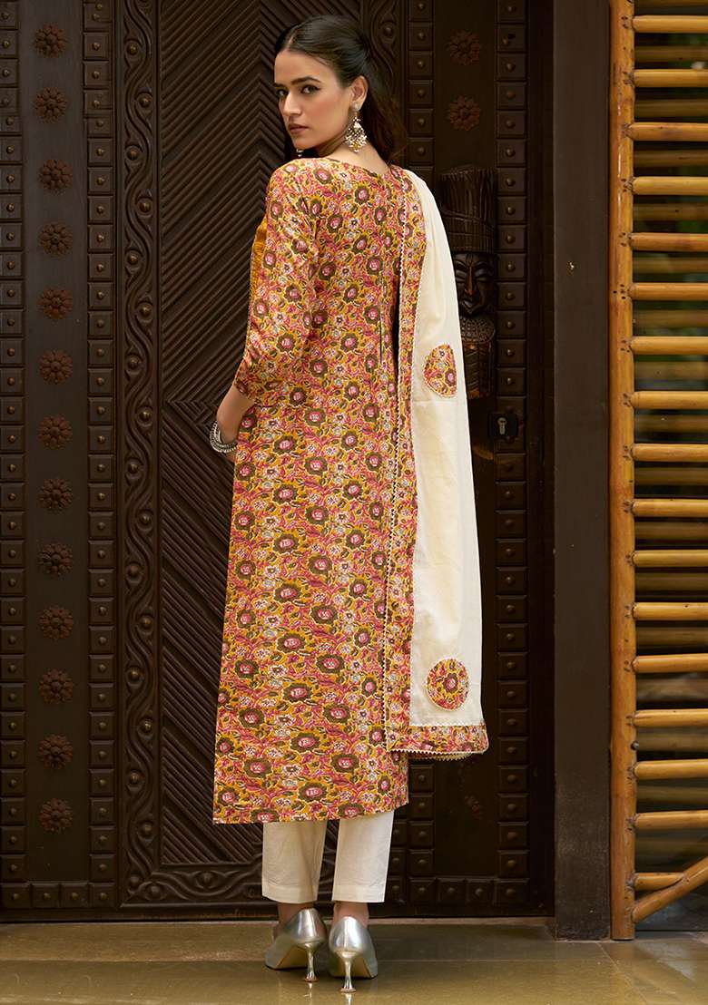 Mustard Embroidered Cotton Pakistani Suit Set - Indya
