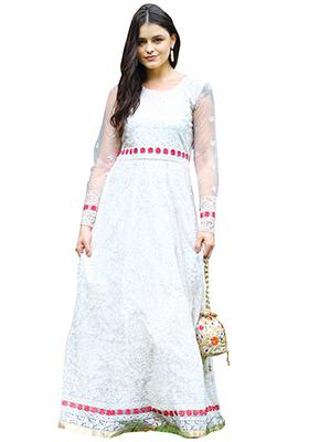 Cream Embroidered Net Anarkali Set
