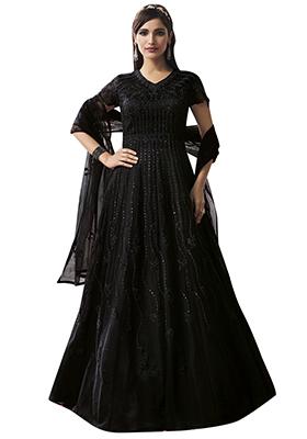 Black Embroidered Net Anarkali Set