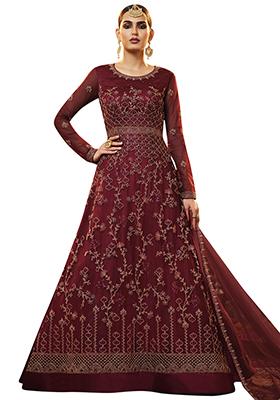Maroon Embroidered Net Anarkali Set