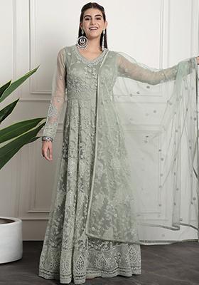 Green Embroidered Net Anarkali Set