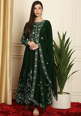 Green Embroidered Georgette Anarkali Set