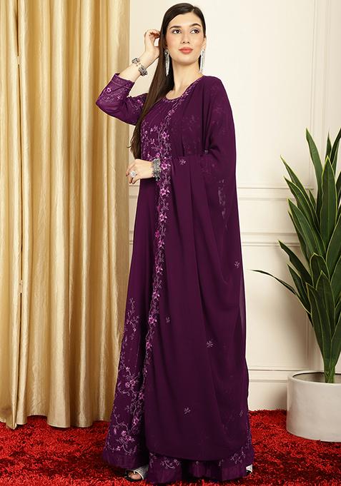 Women's Graceful Red Georgette Embroidered Anarkali Style Kurta Pant Set With Dupatta main image 0