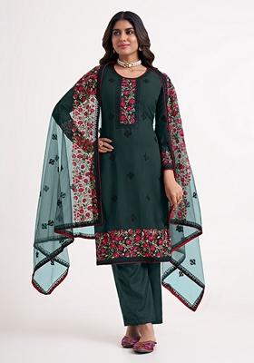 Dark Green Resham Embroidered Georgette Kurta Set