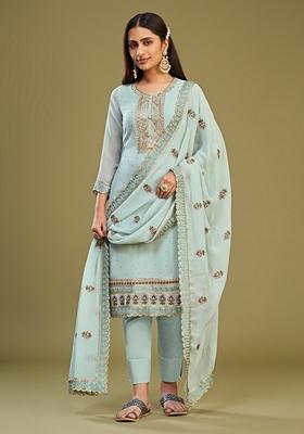 Light Blue Thread Embroidered Georgette Kurta Set