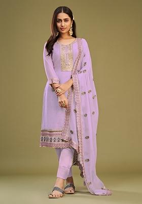 Lavender Thread Embroidered Georgette Kurta Set