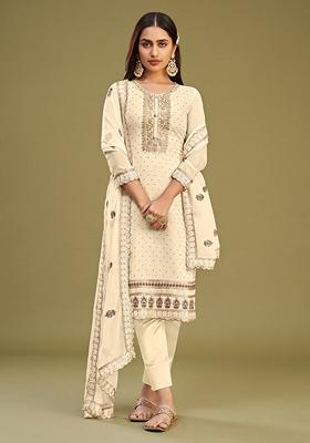 Cream Thread Embroidered Georgette Kurta Set