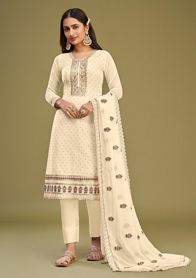Cream Thread Embroidered Georgette Kurta Set