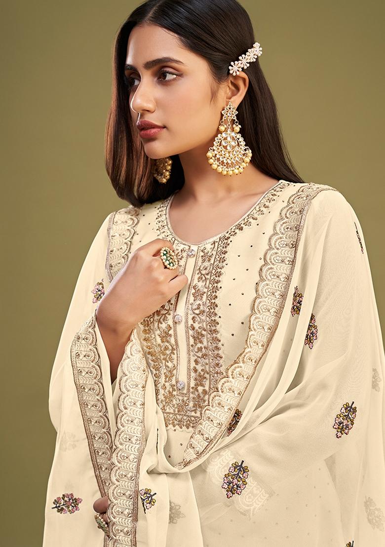 Cream Thread Embroidered Georgette Kurta Set