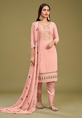 Peach Thread Embroidered Georgette Kurta Set