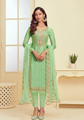 Sea Green Thread Embroidered Georgette Kurta Set