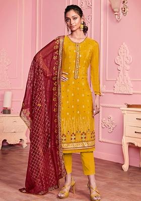 Mustard Mirror Work Georgette Kurta Set