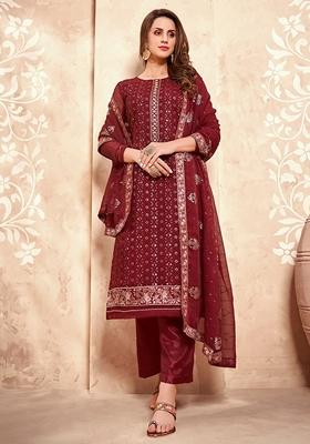 Maroon Thread Embroidered Georgette Kurta Set