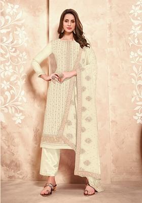 Off White Thread Embroidered Georgette Kurta Set