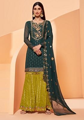 Dark Green Thread Embroidered Georgette Kurta Set