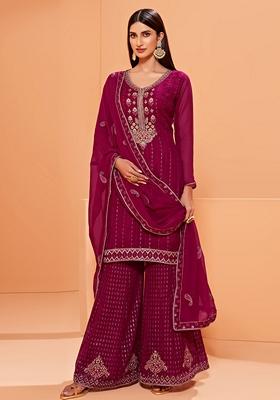 Magenta Thread Embroidered Georgette Kurta Set