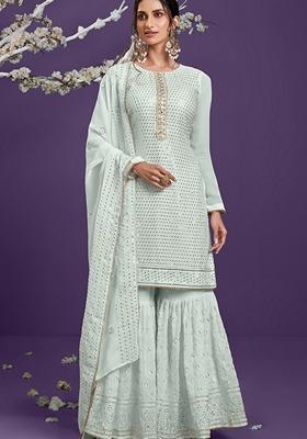 Aqua Blue Thread Embroidered Georgette Sharara Set