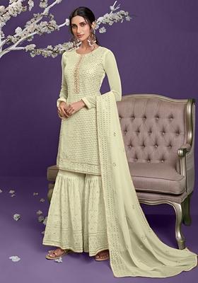 Light Yellow Thread Embroidered Georgette Sharara Set