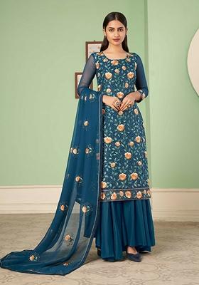 Blue Thread Embroidered Georgette Kurta Set