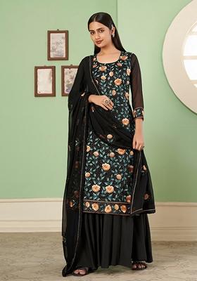 Black Thread Embroidered Georgette Kurta Set