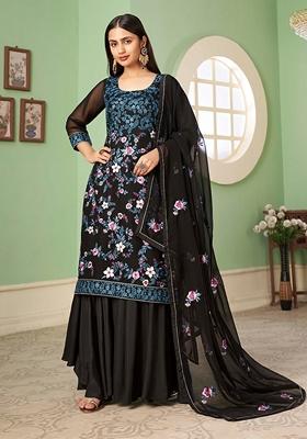 Black Thread Embroidered Georgette Kurta Set