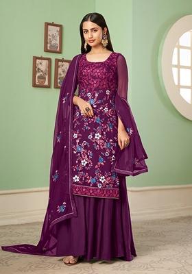 Purple Thread Embroidered Georgette Kurta Set